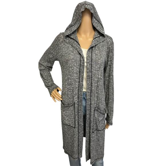 Zenergy Chico's 1 Vanya Hooded Rib Knit Long Cardigan Jacket Sweater Gray Size M - Picture 1 of 12
